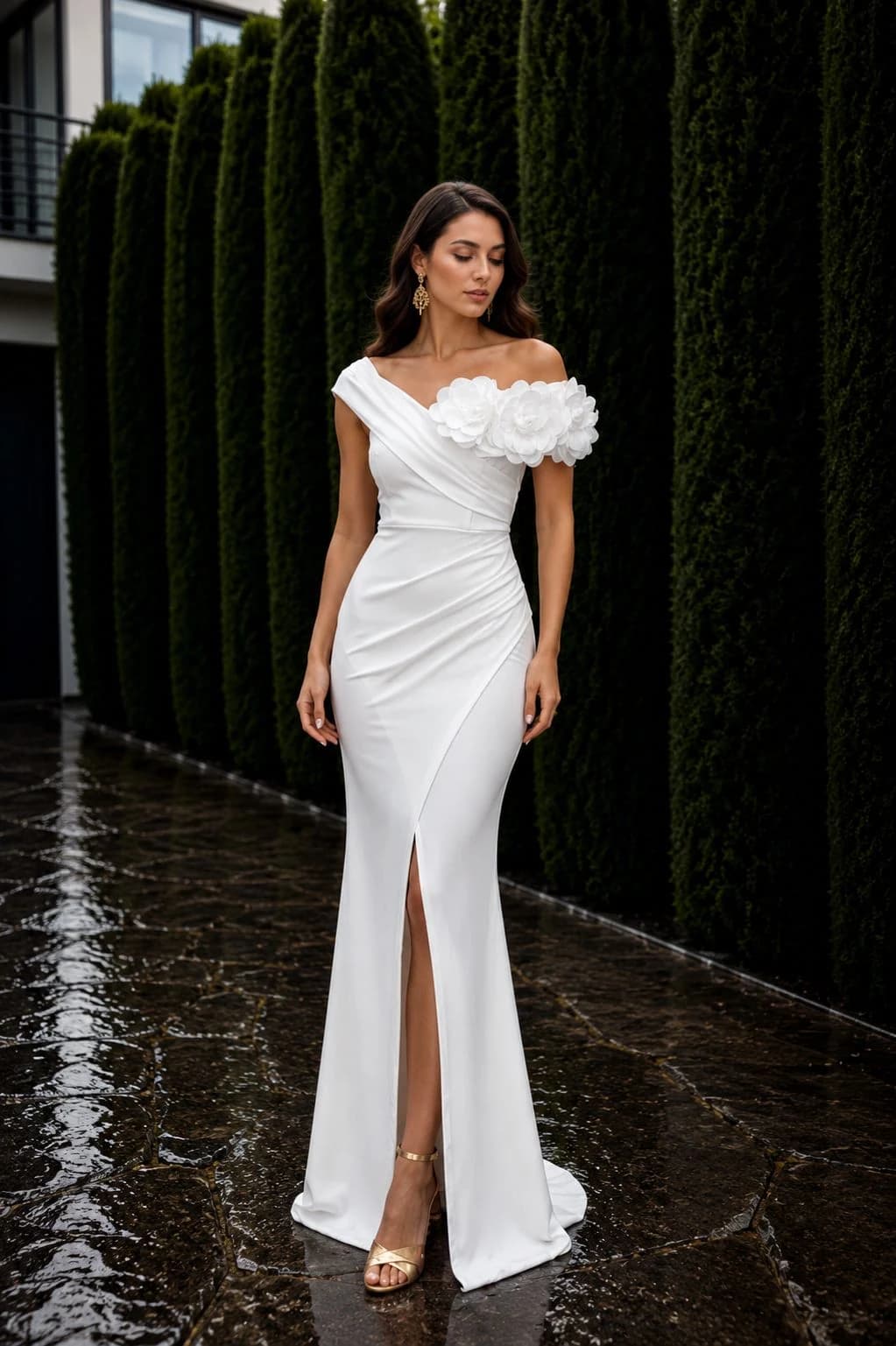 Vestido largo con flores al hombro đ€